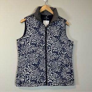 Lands’ End Navy White Patterned Insulated Down Feather Puffer Full Zip Up Vest